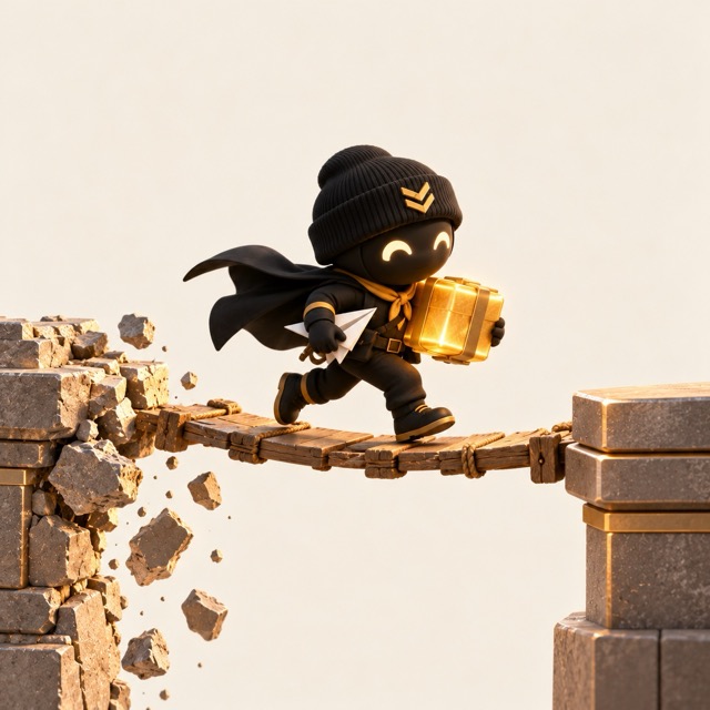 The Courier carries a glowing box across a plank bridge from a crumbling pillar to a solid one.