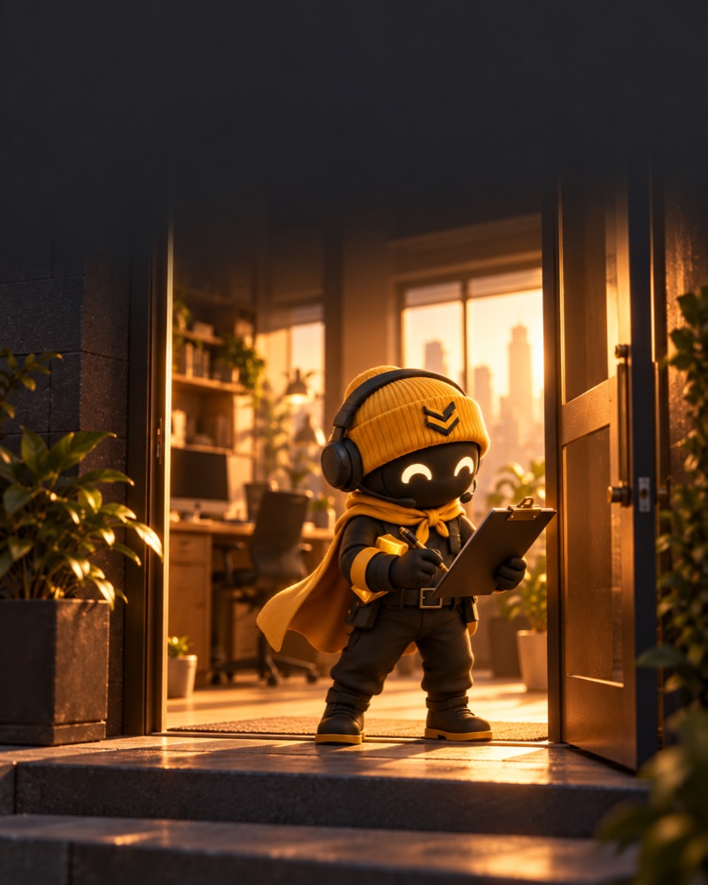 The Front-line Guard ticks names off a clipboard in a warmly lit doorway